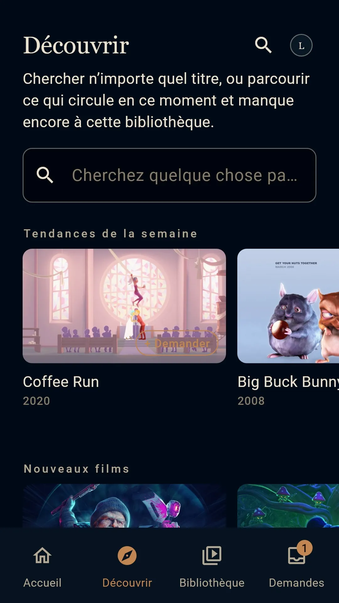 Découvrir, avec un champ de recherche et les tendances de la semaine