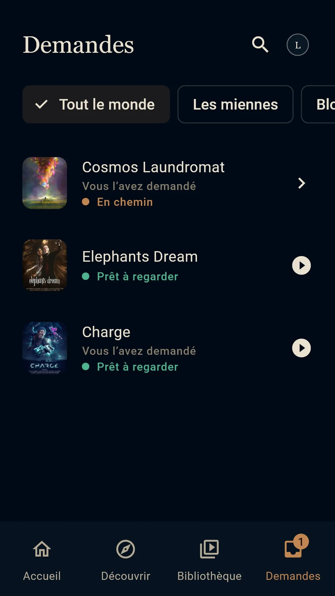 Les demandes, avec l’état de chaque titre